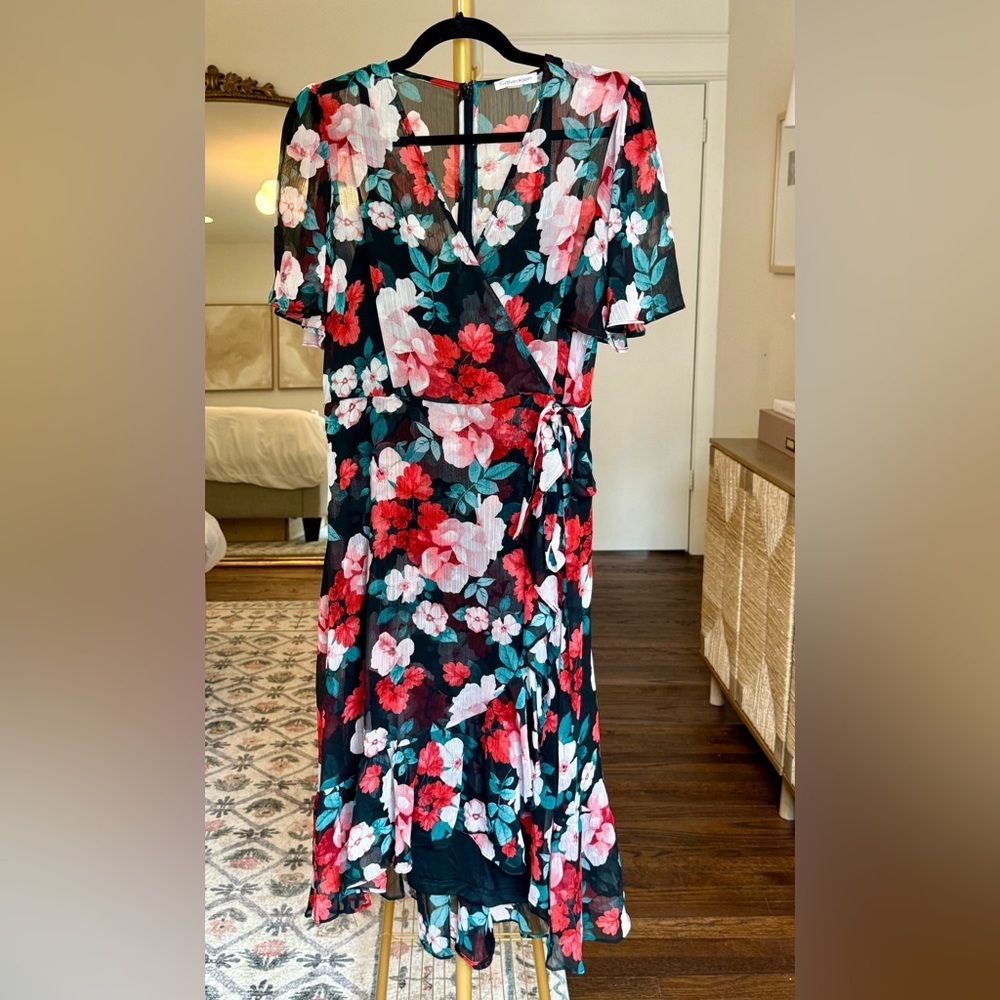 Calvin Klein Faux Wrap Black Red Floral Midi Wrap Dress - Size 8 - Picture 2 of 11